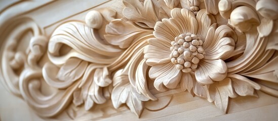 Elegant wood carving featuring intricate floral designs showcasing exceptional craftsmanship and artistic detail in architectural decor.