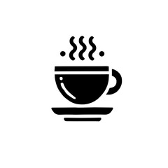 Coffee Break Icon: A minimalist, black and white icon of a steaming cup of coffee on a saucer. Perfect for coffee shop websites, menus, and social media.  