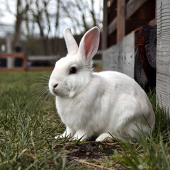 Fototapeta premium white rabbit near the fence