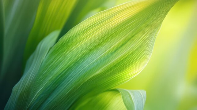 Fototapeta Close up of vibrant green corn leaves highlighting natural texture and details in sunlight for agricultural and nature themes