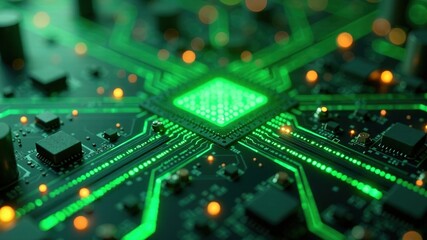 Obraz premium Abstract Green Circuit Board Background - CGI Render - Futuristic Tech