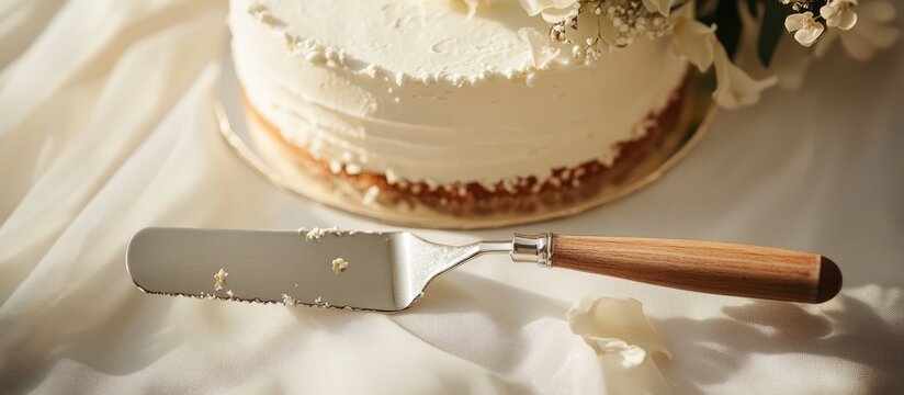 Elegant cake knife and spatula set for weddings displayed with a classic wedding cake on a soft, romantic backdrop