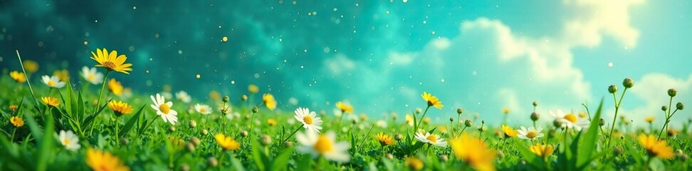 Glittering turquoise dust settles on a peaceful meadow landscape, serene, flowers