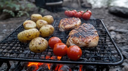 Grilled chicken breasts with tomatoes and potatoes over charcoal on a portable BBQ for a healthy outdoor meal scene