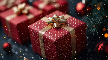 Festive red Christmas presents with gold ribbons and polka dots, surrounded by holiday decorations and pine branch, create joyful atmosphere for celebration