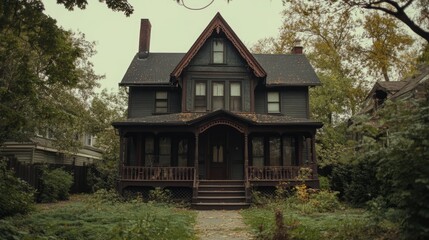 Victorian style house surrounded by overgrown foliage in a serene, atmospheric rural setting showcasing architectural details and nature integration