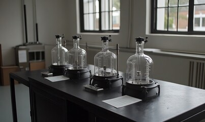 Four glass laboratory apparatus on a dark table in a bright room with large windows.