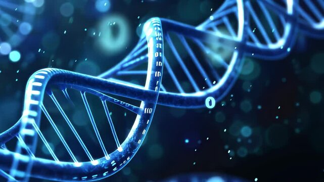 A detailed view of a prominent blue structure set against a slightly out-of-focus background, Binary code visualizing human DNA strands or chromosomes