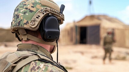 Soldier in Camouflage Gear Holding Rifle in Desert Combat Zone