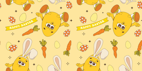 Easter pattern with funny eggs, carrots, and a rabbit. Happy Easter. Seamless pattern.