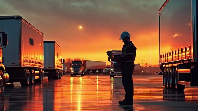 With the vehicles in the lot shining from recent maintenance, a fleet supervisor uses a tablet to talk with a driver about logistics.