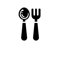 Baby Spoon and Fork Icon: Simple black and white icon representing a spoon and fork for baby feeding.  