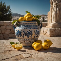 Lemons placed next to a Greek amphora under bright, sunny skies.