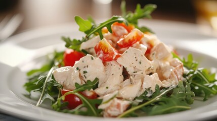 Delicious chicken salad with fresh arugula and cherry tomatoes served on a white plate for a healthy meal option