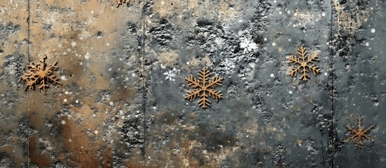 Decorative snowflake patterns on a textured cement wall with a rustic finish showcasing winter themes and weathered elements
