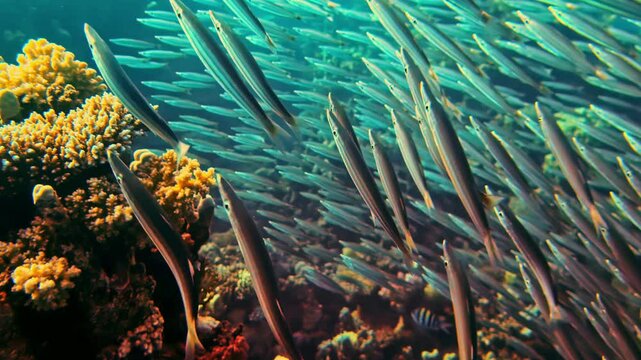 Underwater diving POV, school of large sword fish swim around colorful alive corals, tropical clean neat water