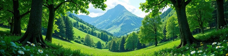 Fototapeta premium Lush green forest with trees stretching towards the mountain, scenery, forest, nature