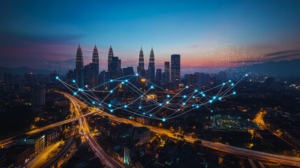 Obraz premium Abstract businesswoman stands on the peak of success Smart digital city with connection cyber security network reciprocity over the cityscape future wireless digital city and social media networking