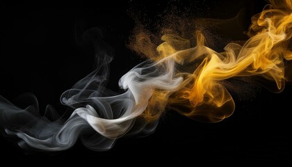 Fototapeta premium 黒い背景で輝く金色と銀色の煙、粒子が幻想的に反射して幻想的な印象を与える美しいビジュアル 