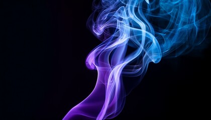 Fototapeta premium 黒い背景に広がる青と紫の煙、透明感のある色彩で優雅に流れるように絡み合い幻想的な印象を与える 