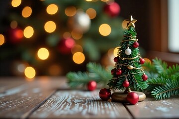 Obraz premium Miniature Christmas decoration on wooden table, xmas decor, mini christmas