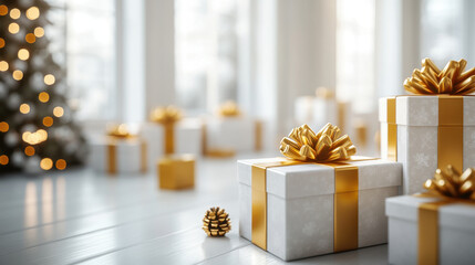 Elegant golden and white gift boxes are beautifully arranged on floor, creating festive atmosphere. soft bokeh of Christmas lights in background enhances joyful mood