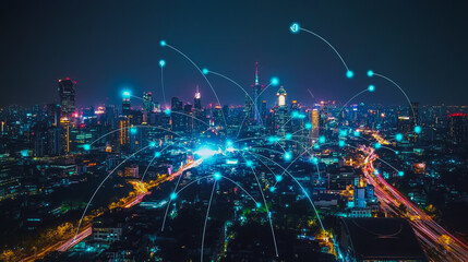 Fototapeta premium Abstract businesswoman stands on the peak of success Smart digital city with connection cyber security network reciprocity over the cityscape future wireless digital city and social media networking