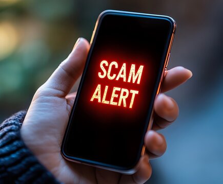 A close-up of a hand holding a smartphone displaying a 'SCAM ALERT' message in bold red letters, highlighting the importance of cybersecurity awareness.