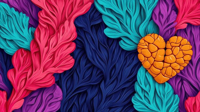 cholesterol levels monitoring concept. A vibrant, abstract design featuring colorful leaves intertwined, with a textured orange heart at the center, creating a lively and artistic composition.