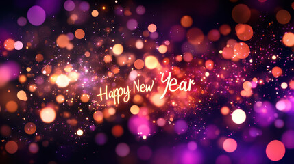 Happy New Year background with colorful bokeh lights and sparkles, creating festive atmosphere for celebrations. Perfect for greeting cards and social media posts