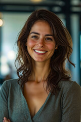 Fototapeta premium A woman with long brown hair smiling at the camera