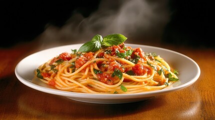Fototapeta premium Delicious steamed spaghetti with tomato sauce italian cuisine food photography cozy restaurant setting close-up view