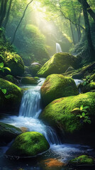 There is a small stream among the green trees and rocks