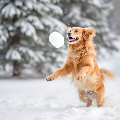 Golden Retriever dog jumps for a snow ball in a snowy forest