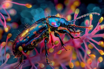 Vibrant Beetle Crawls on a Flower: Detailed Close-Up Photography Reveals Intricate Insect Anatomy, Vivid Colors, and Stunning Textures. Macro Photography Captures Nature's Beauty in Exquisite Detail