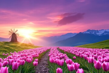 Obraz premium Traditional windmill in tulip field at sunrise nature landscape photography scenic viewpoint