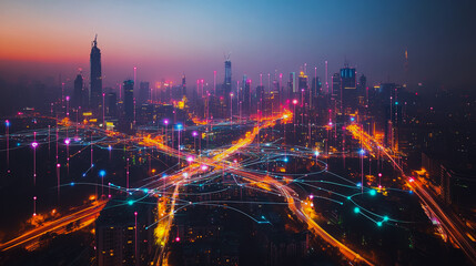 Fototapeta premium Abstract businesswoman stands on the peak of success Smart digital city with connection cyber security network reciprocity over the cityscape future wireless digital city and social media networking