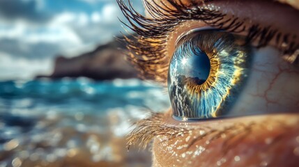 Close up of a blue eye with a reflection of the sea and sky in the iris
