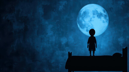 Fototapeta premium Child Waking Up in Bedroom to See Shadowy Moonlit Scene at Night
