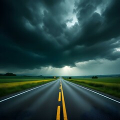 Dramatic stormy sky, open road stretching to horizon