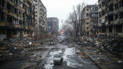War-Torn Cityscape with Destroyed Buildings and Devastation from Conflict