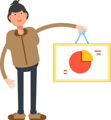 People Character Holding Pie Chart Signage
