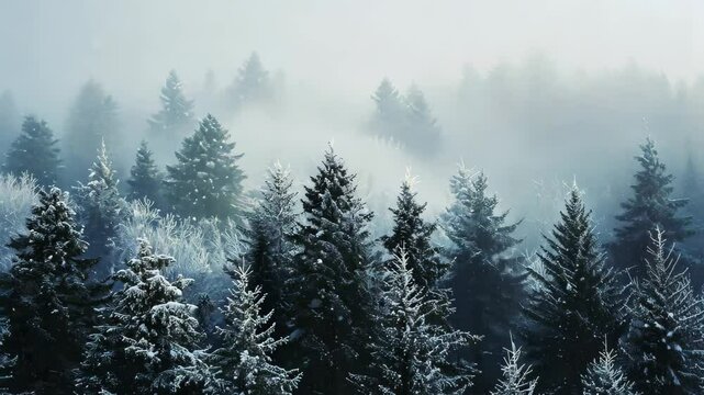 A winter landscape showing a dense forest covered in snow, with an abundance of trees creating a picturesque scene, Blizzard obscuring a forest landscape
