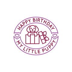 Simple Logo with Happy Birthday little puppy icon. Simple Logo with a gift, puppy, and a ribbon with Happy Birthday text. Perfect for greeting cards, or birthday-themed branding. Vector illustration.