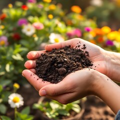 Hands Holding Soil Amidst Colorful Blossoms in Garden