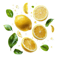 juicy lemons with leaves and water drops on white background