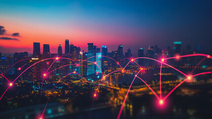 Abstract businesswoman stands on the peak of success Smart digital city with connection cyber security network reciprocity over the cityscape future wireless digital city and social media networking