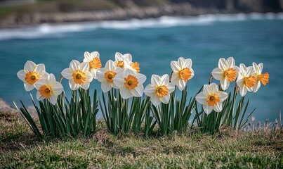 Fototapeta premium Row of white and orange daffodils blooming near a wavy ocean.