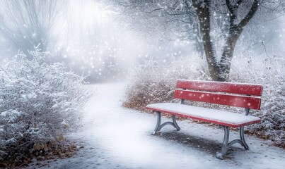Obraz premium Snow-covered red bench in a winter park with falling snow, magical light, and frosty bushes.