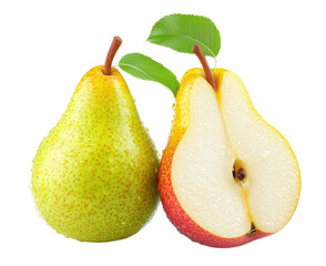 juicy pears with water drops on white background